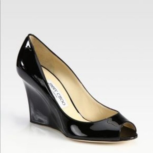 Women Jimmy Choo Baxen Black Patent Leather Peep Toe Wedge Pumps Heels 36 US/6